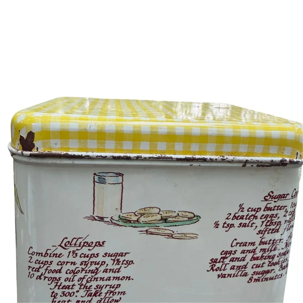 Vintage 4 Pc Metal Canister Set Recipe Flour Sugar Coffee Tea Yellow Gingham